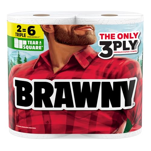 Brawny Tear-A-Square 3-Ply Strong Paper Towels, 2 Triple Rolls, 114 Sheets per Roll