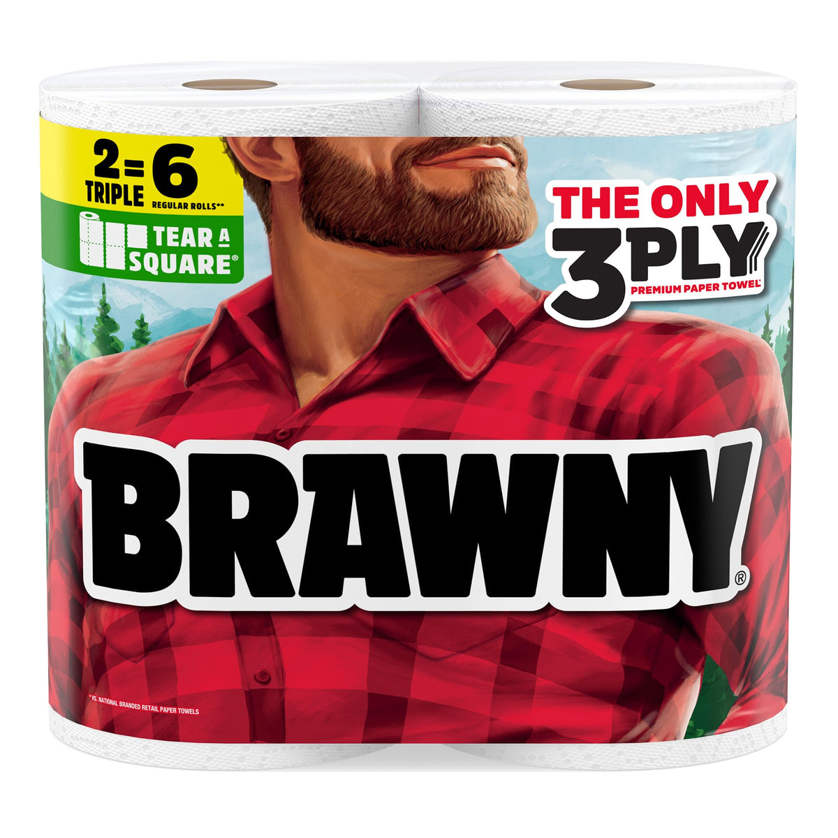 Brawny Tear-A-Square 3-Ply Strong Paper Towels, 2 Triple Rolls, 114 Sheets per Roll