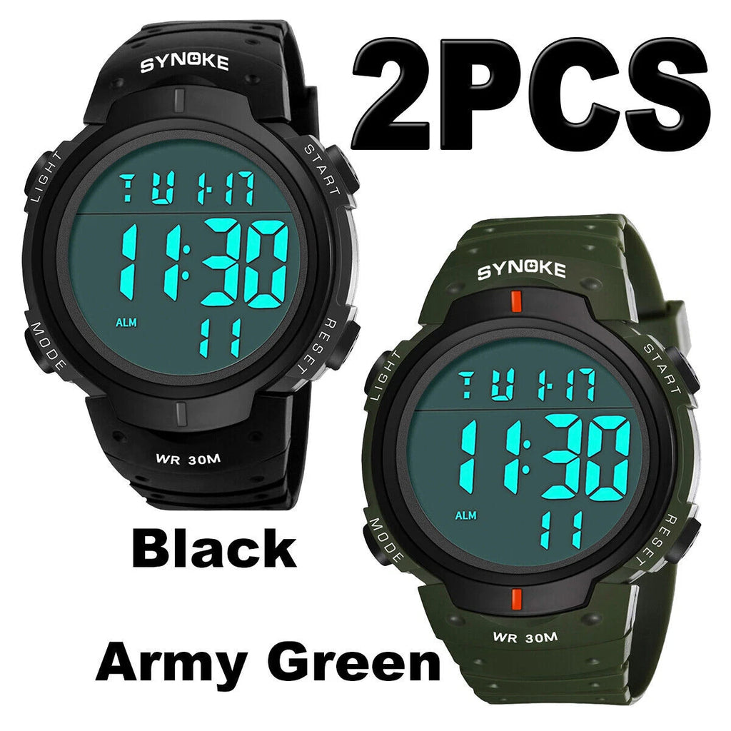 Mens Women Digital Watch Big Dial Light LED Swim Waterproof Rubber Band Alarm Black LED Watches