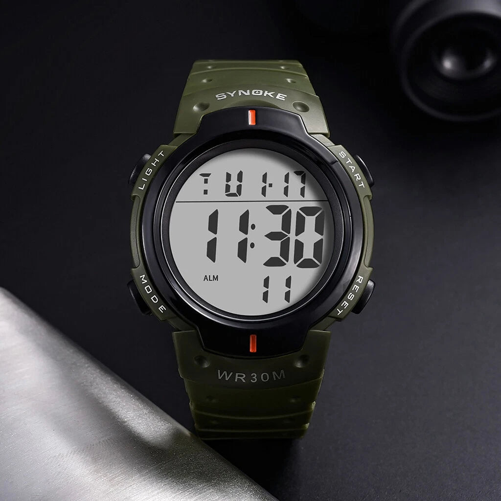 Mens Women Digital Watch Big Dial Light LED Swim Waterproof Rubber Band Alarm Black LED Watches