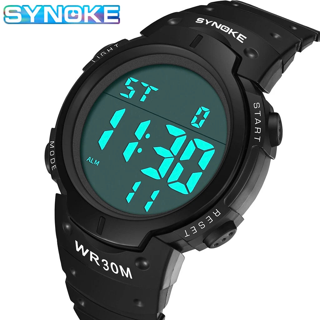 Mens Women Digital Watch Big Dial Light LED Swim Waterproof Rubber Band Alarm Black LED Watches