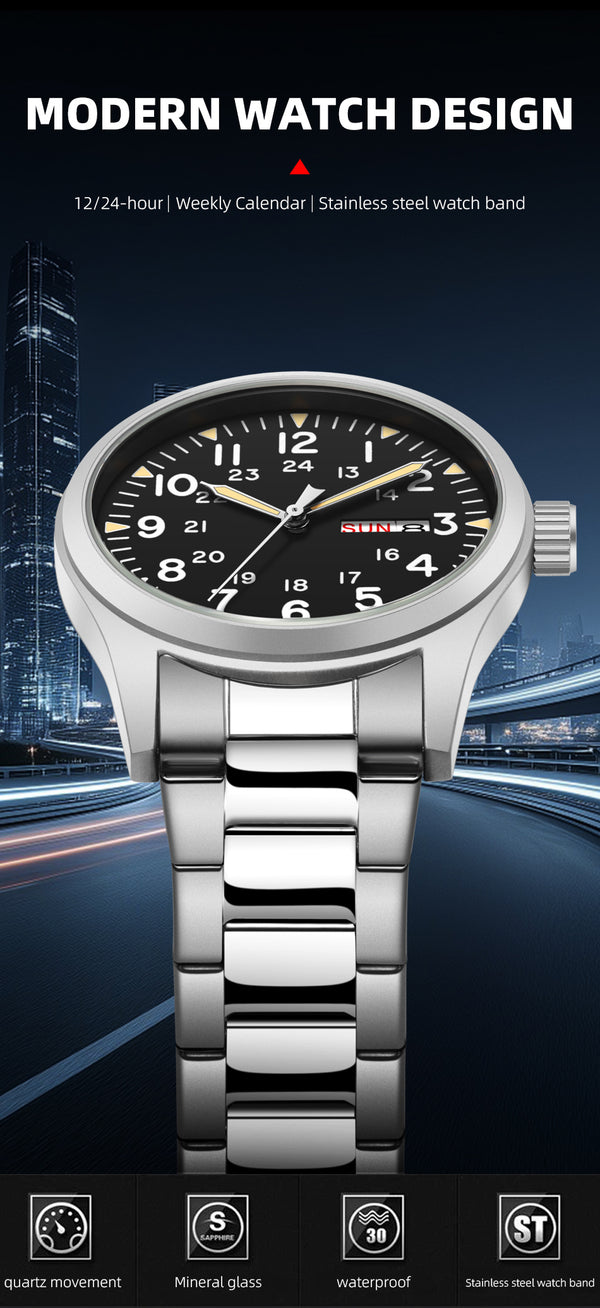 TPW 2026 Luminous 38mm Women's Field Watch - Easy Read Display with Stainless Steel Strap 24hr Time Date Day Quartz Movement