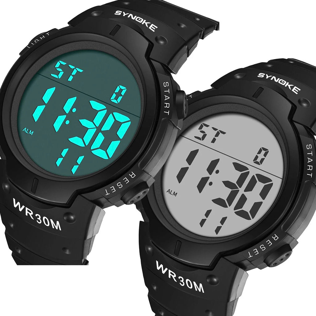 Mens Women Digital Watch Big Dial Light LED Swim Waterproof Rubber Band Alarm Black LED Watches