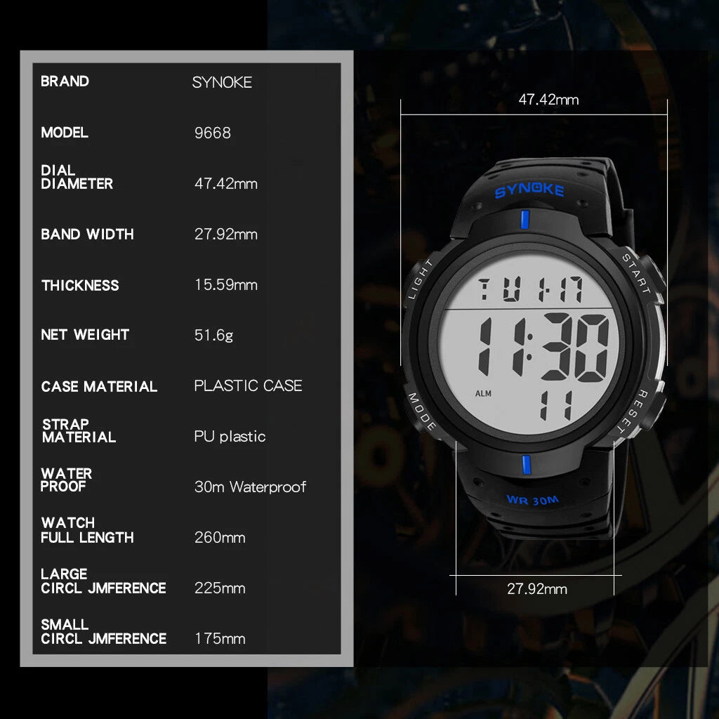 Mens Women Digital Watch Big Dial Light LED Swim Waterproof Rubber Band Alarm Black LED Watches