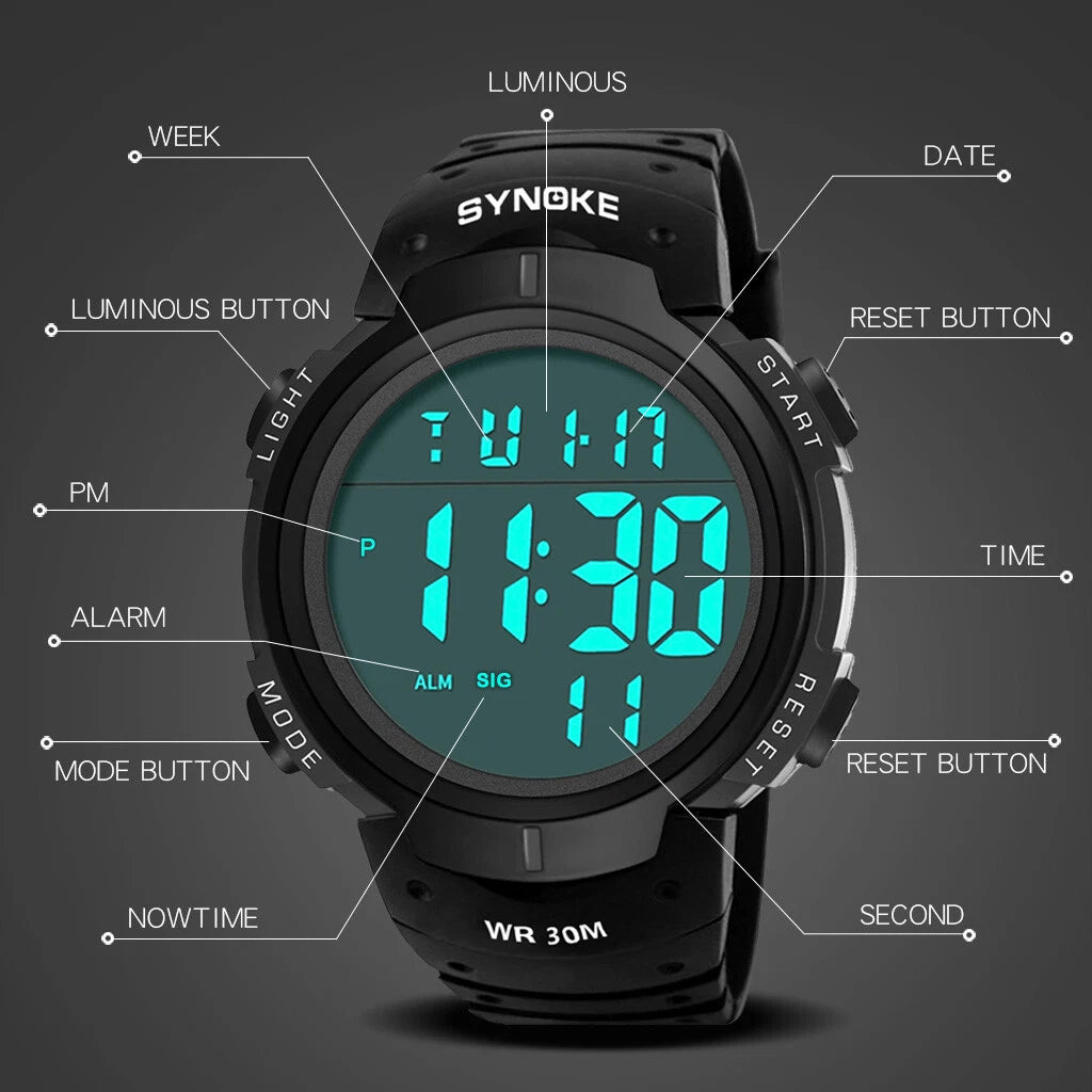 Mens Women Digital Watch Big Dial Light LED Swim Waterproof Rubber Band Alarm Black LED Watches