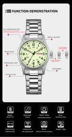 TPW 2026 Luminous 38mm Women's Field Watch - Easy Read Display with Stainless Steel Strap 24hr Time Date Day Quartz Movement
