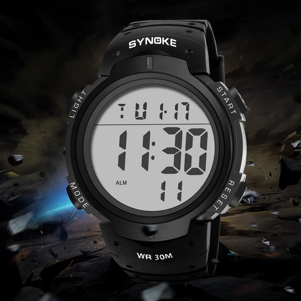 Mens Women Digital Watch Big Dial Light LED Swim Waterproof Rubber Band Alarm Black LED Watches