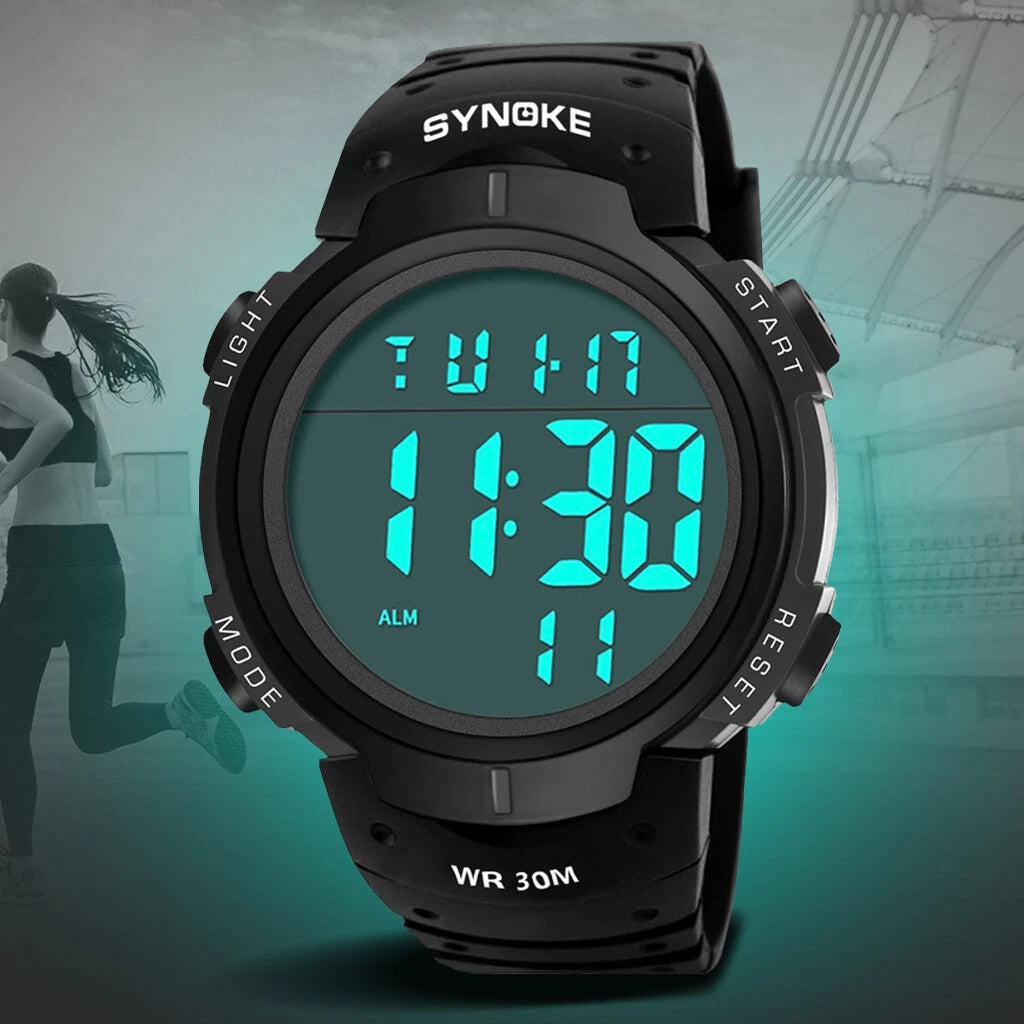 Mens Women Digital Watch Big Dial Light LED Swim Waterproof Rubber Band Alarm Black LED Watches