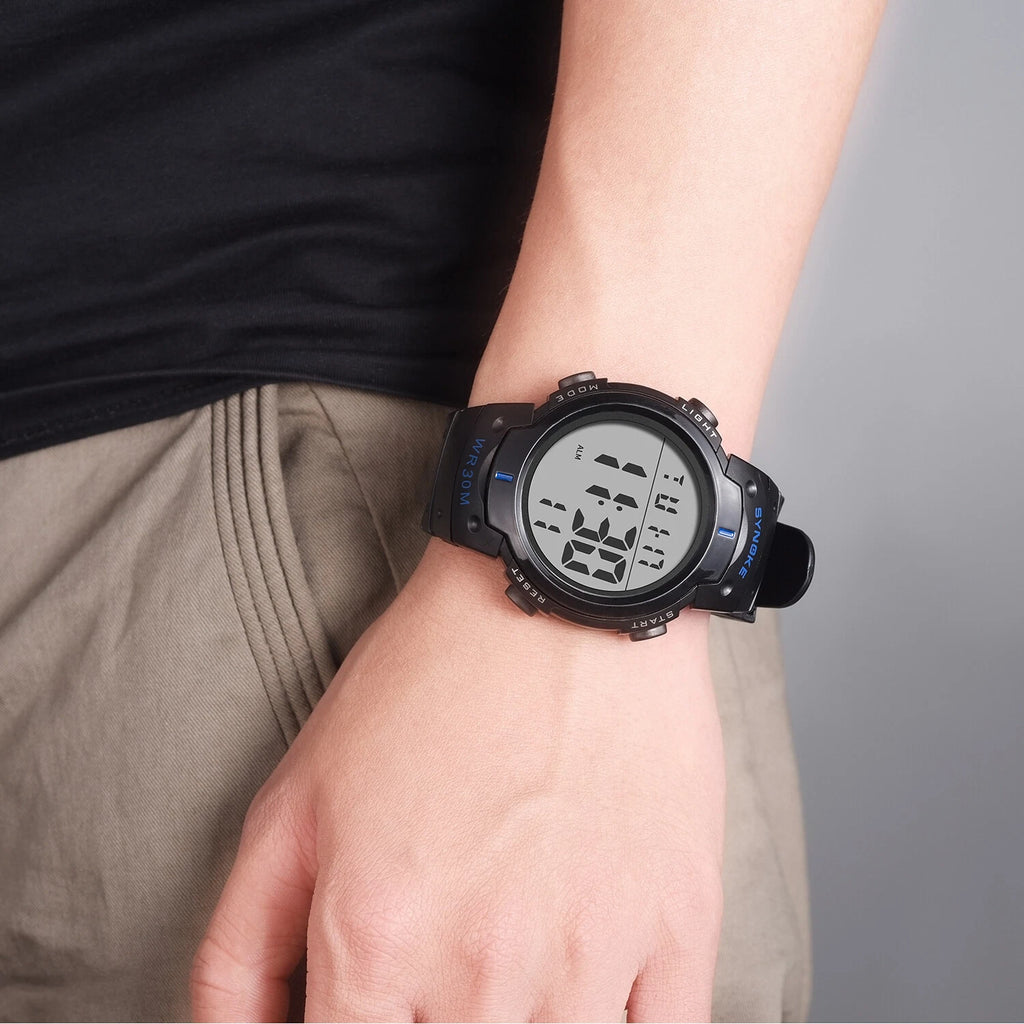 Mens Women Digital Watch Big Dial Light LED Swim Waterproof Rubber Band Alarm Black LED Watches