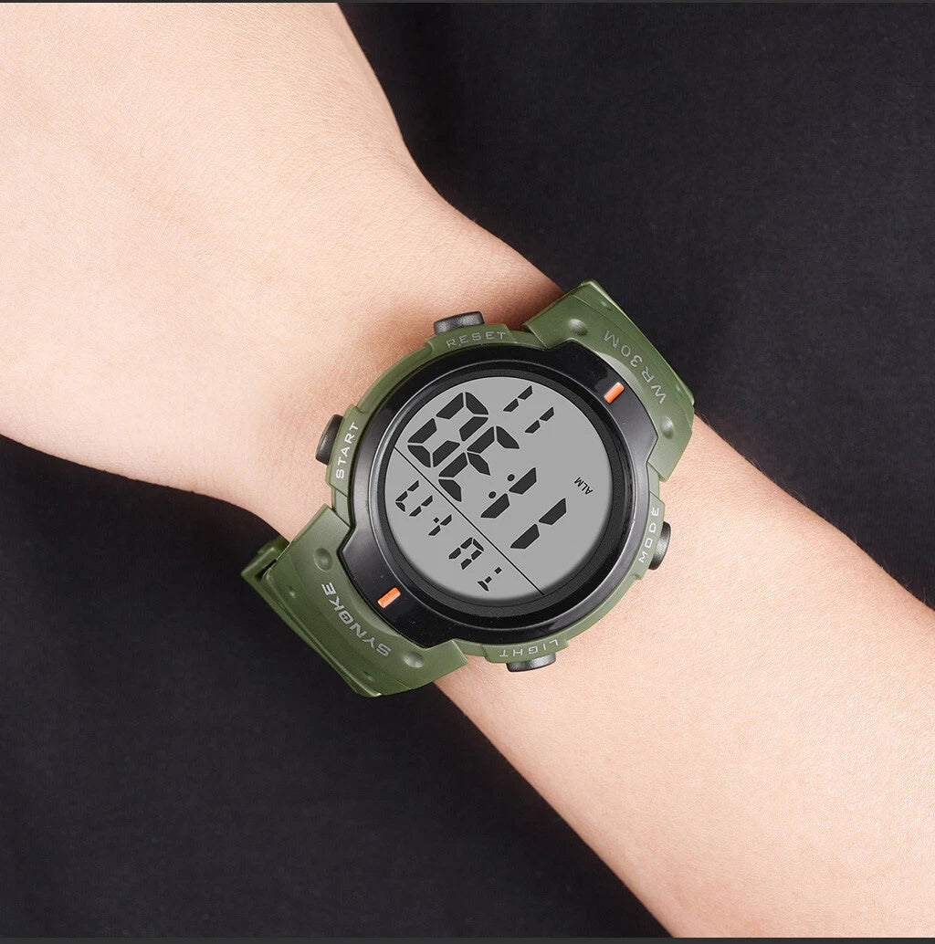 Mens Women Digital Watch Big Dial Light LED Swim Waterproof Rubber Band Alarm Black LED Watches